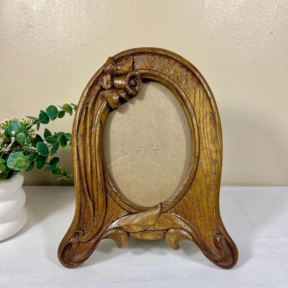 Vintage 1980 Hand Carved Daffodil Floral Design Wood Frame | 5x7